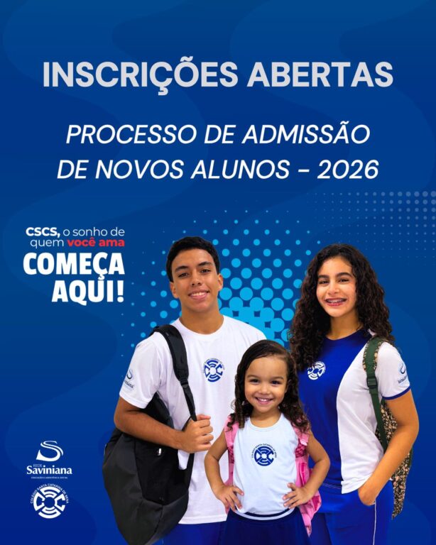 Imagem promocional do Colégio Santa Catarina de Sena, divulgando o processo de admissão de novos alunos para o ano de 2026. No topo da imagem, em letras grandes e brancas, está escrito: "INSCRIÇÕES ABERTAS" Logo abaixo, lê-se: "PROCESSO DE ADMISSÃO DE NOVOS ALUNOS – 2026" À esquerda, há um texto em destaque: "CSCS, o sonho de quem você ama começa aqui!" Abaixo do texto, no canto inferior esquerdo, estão os logotipos da Rede Saviniana e do Colégio Santa Catarina de Sena. No centro da imagem, em primeiro plano, estão três estudantes sorrindo e usando o uniforme do colégio. À esquerda, um adolescente com mochila preta. Ao centro, uma criança pequena de cabelo cacheado, com mochila rosa. À direita, uma adolescente de cabelo cacheado, usando mochila estampada. O fundo da imagem é azul com formas geométricas e detalhes em bolinhas que criam um efeito visual moderno e vibrante.