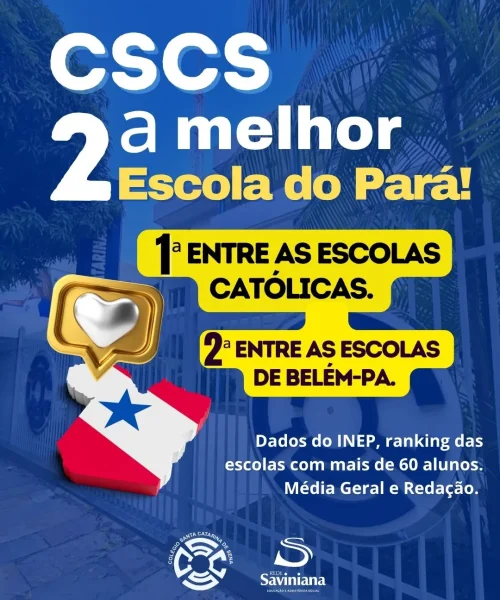 A imagem é uma arte promocional colorida do Colégio Santa Catarina de Sena (CSCS), com fundo de um portão escolar e árvores. O texto em destaque afirma: "CSCS – 2ª melhor escola do Pará!" Em destaque sobre fundos amarelos: 1ª entre as escolas católicas. 2ª entre as escolas de Belém-PA. Abaixo, em letras brancas: "Dados do INEP, ranking das escolas com mais de 60 alunos. Média Geral e Redação." Na parte inferior esquerda, há um ícone em forma do mapa do Pará com a bandeira do estado estampada. Acima do mapa, um símbolo dourado com um balão de fala contendo um coração prateado. No rodapé, aparecem os logotipos do Colégio Santa Catarina de Sena e da Rede Saviniana. A imagem tem um tom de comemoração e orgulho pela colocação da escola em rankings educacionais.